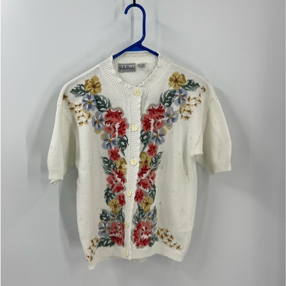 Belle pointe, vintage, floral embroidered short sleeve, sweater cardigan, M - Picture 1 of 13
